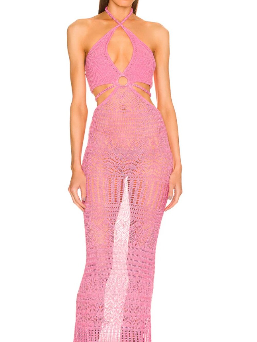 Revolve x Dundas Pink Crochet Halter Maxi Dress with Cut Outs - XS